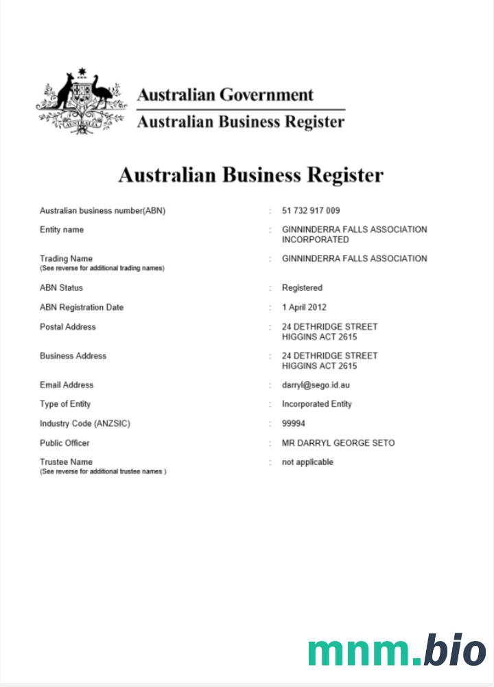 Australia vcertyfikat of company registration, version 2